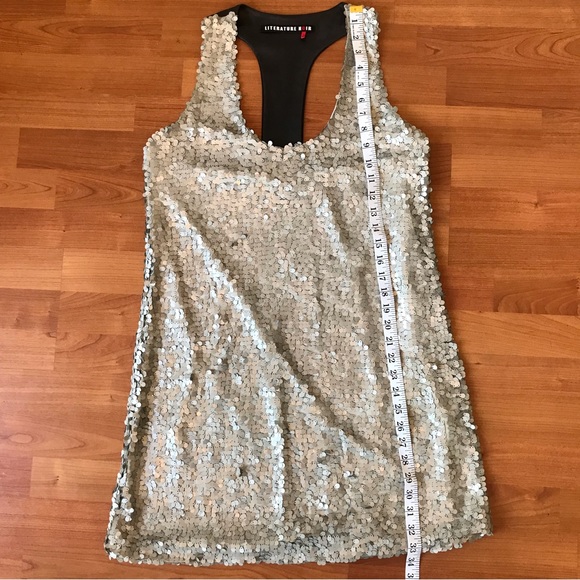 LITERATURE NOIR | Sexy Silver Sequin Mini Dress Black Leather Racer Back Size M - Picture 8 of 13